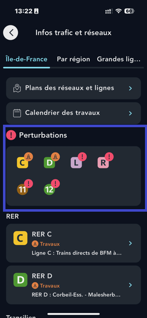 visuel d'une capture écran de l'info trafic en Ile de France